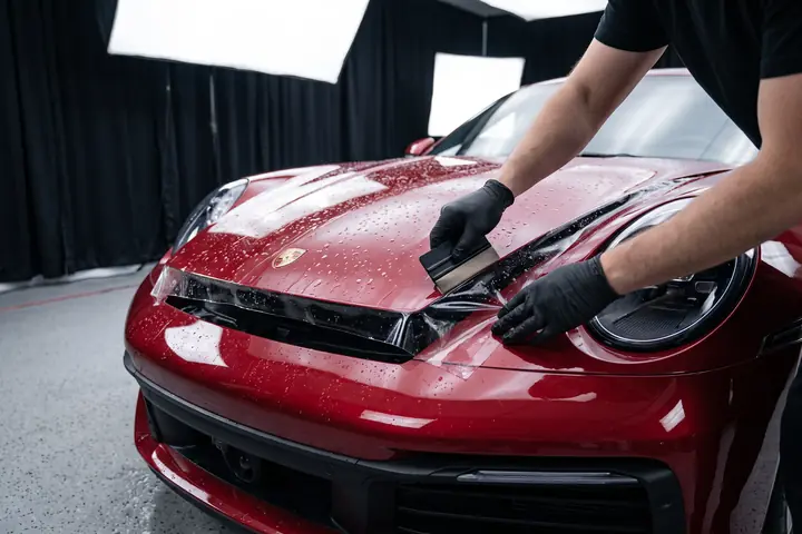 Aplicador de luvas passando a espátula sobre a película transparente no capô de um Porsche 911 vermelho