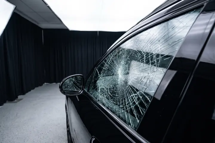 Porsche Cayenne preto com o vidro lateral estilhaçado e os cacos presos no lugar pela película de segurança