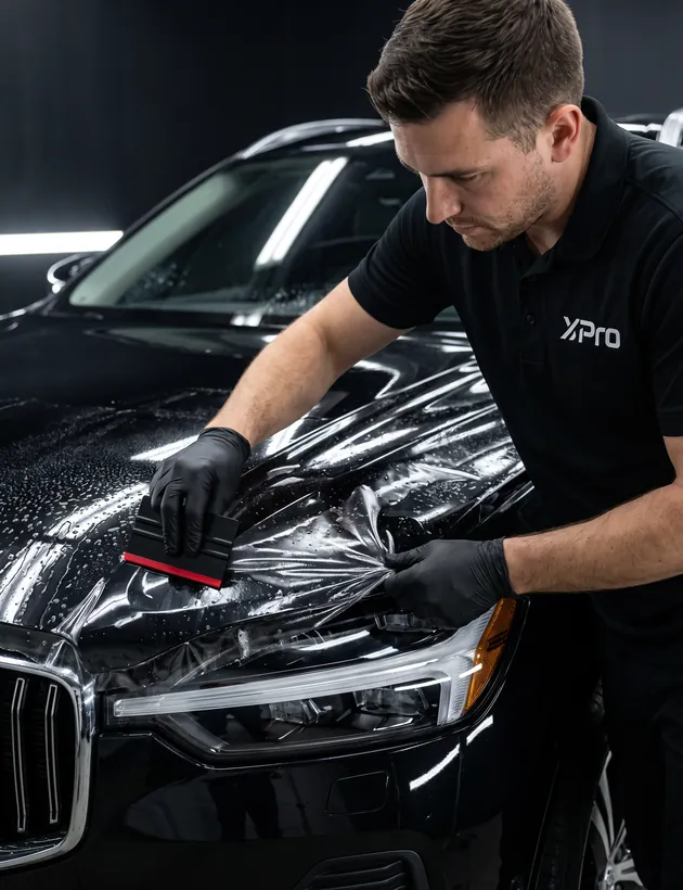 Profissional com polo XPro aplicando película de proteção de pintura com espátula no capô de um Volvo XC60 preto